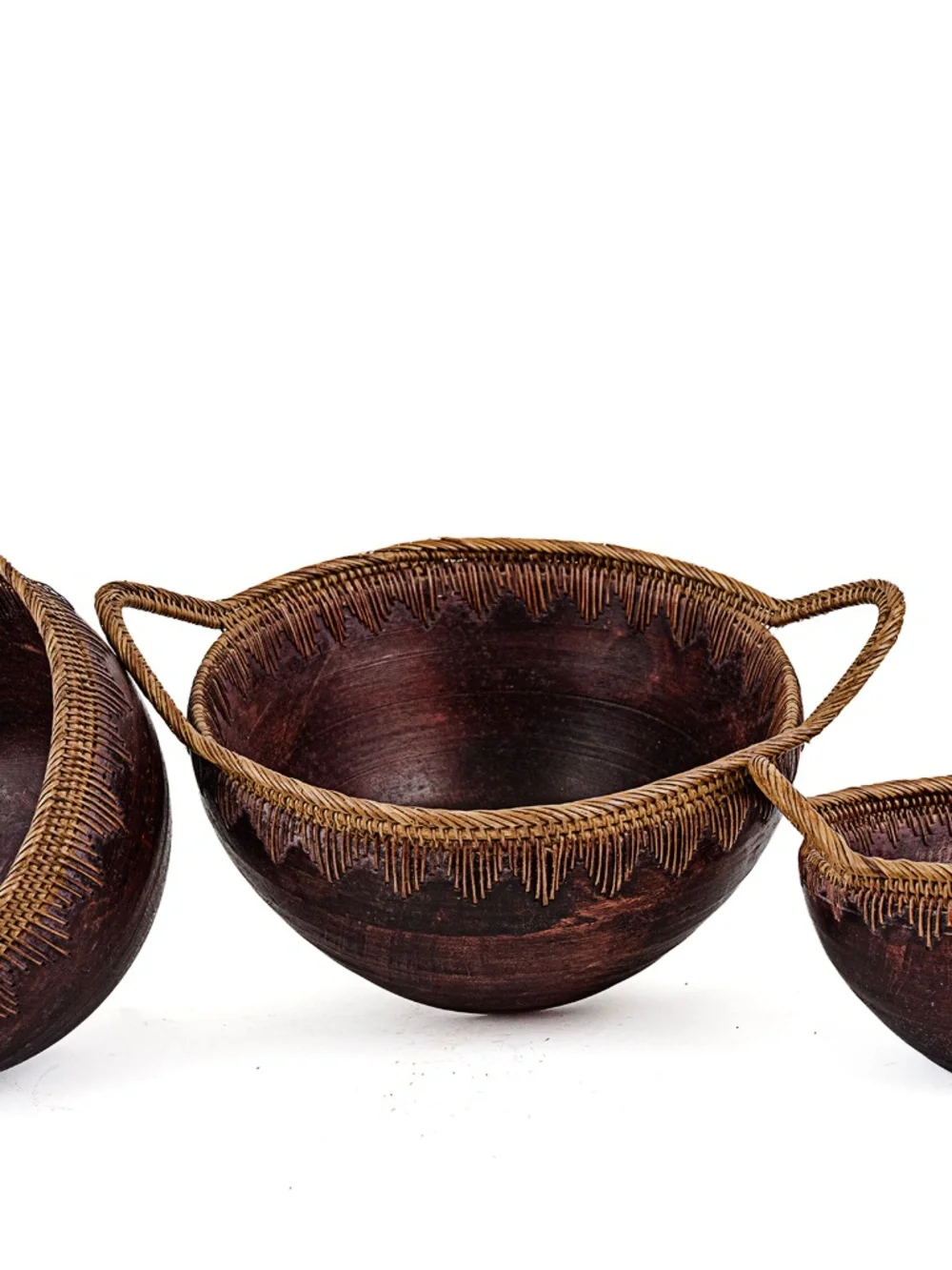 Vintage Indonesian Handmade Nesting Wooden Bowls With Woven Handles